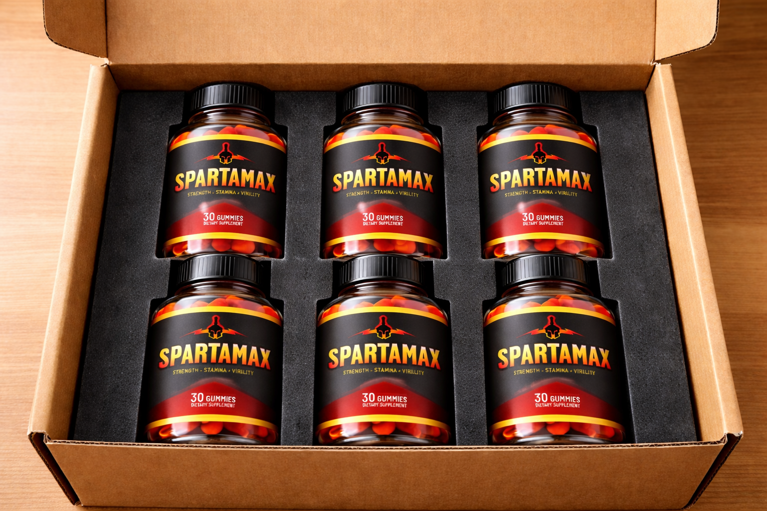 Six bottles of SpartaMax packed in shipping box