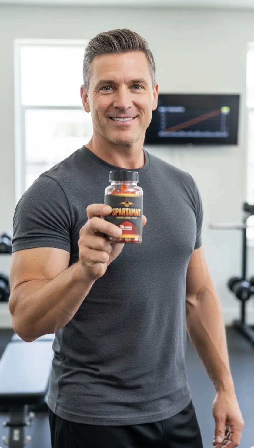 Man holding SpartaMax bottle smiling in gym